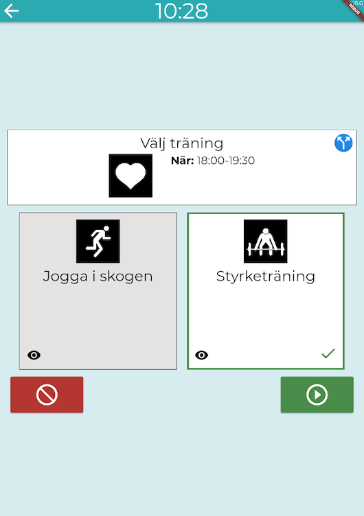 Valbar aktivitet "Välj träning" i boet app.