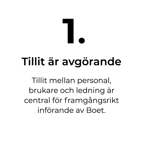 Bild med text: Tillit är avgörande. Tillit mellan personal, brukare och ledning är central för framgångsrikt införande av Boet.